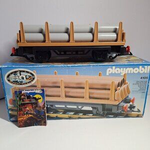 Vintage 1985 Playmobil Cargo Flatbed Train Car 4105 W Pipes & Box